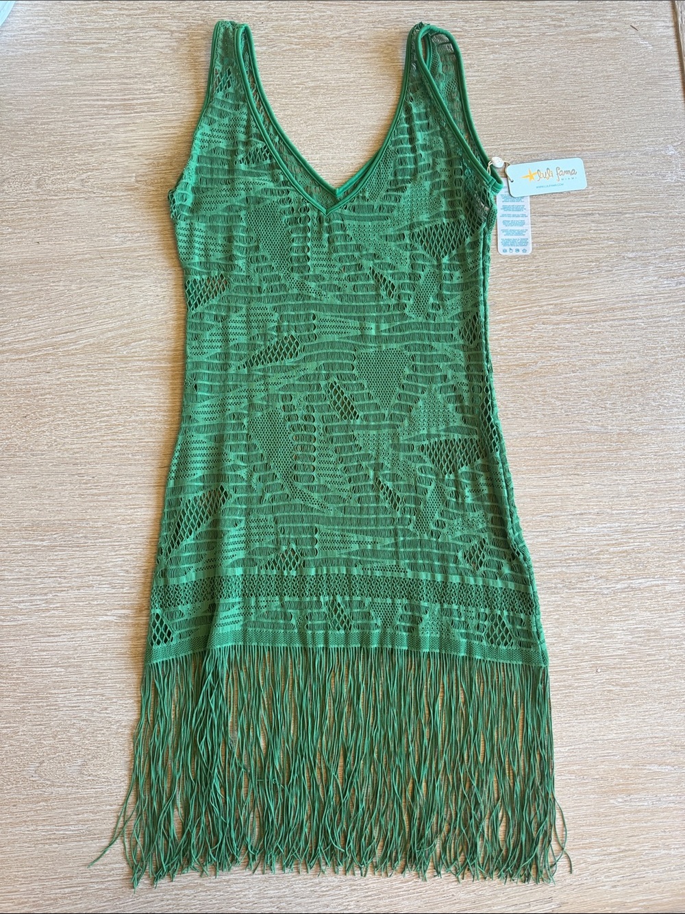 Luli Fama Green Crochet Fringe Swim Coverup